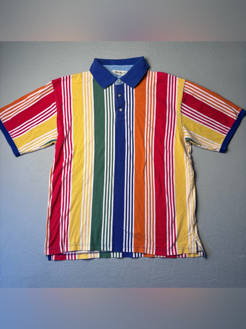 Vintage 90’s Eddie Bauer Multicolor Vertical Stripe Polo with Blue Collar